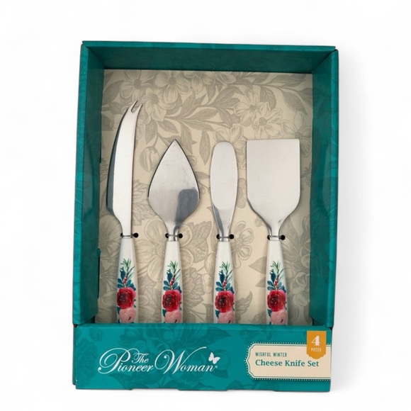 Pioneer Woman Wishful Winter 4-Piece Holiday Cheese Knife Set NEW Floral Roses - Picture 2 of 3